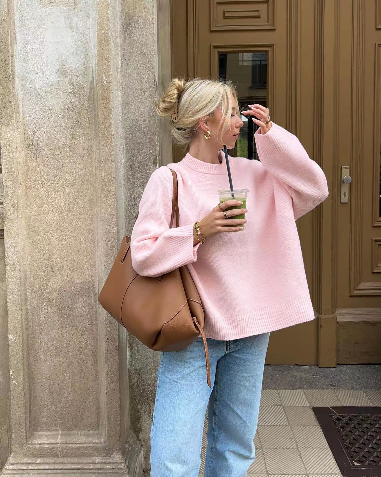 Nouveau Pull Trendy Rose Claire à Col Rond