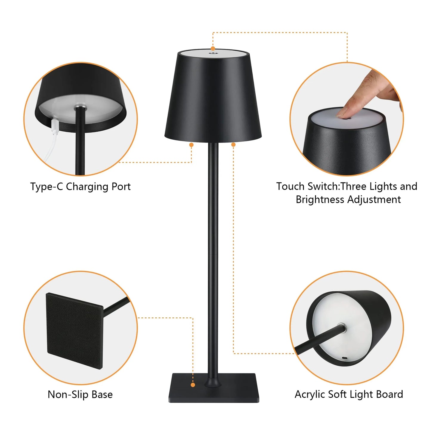 Lampe de table LED sans fil| Rechargeable par USB + 3 niveaux dimmables